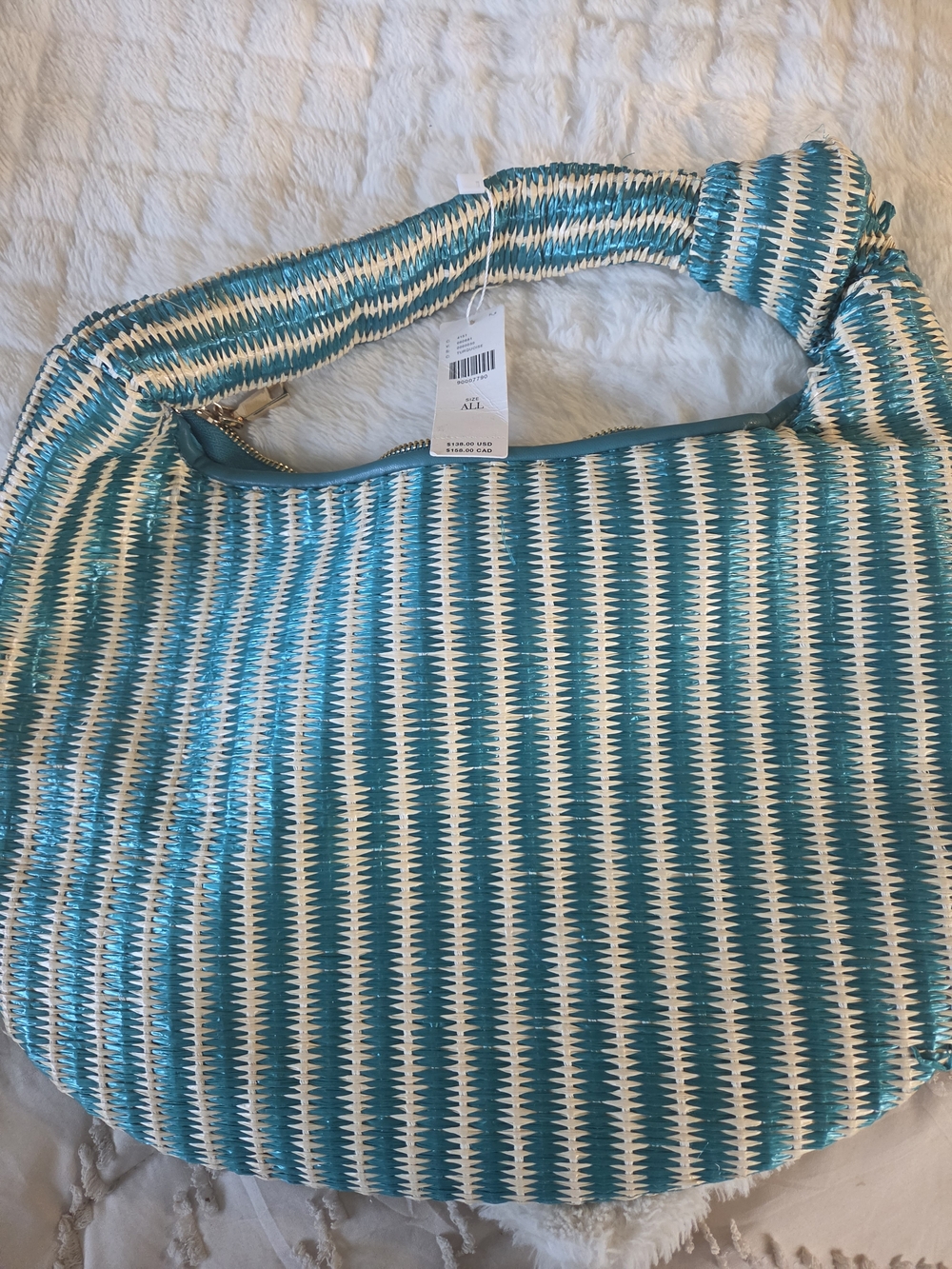 Anthropologie Teal and White Woven Shoulder Bag